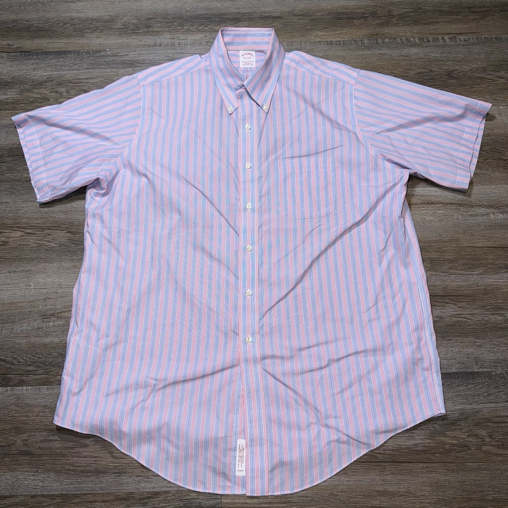 Brooks Brothers Shirt Mens 17 Short Sleeve Button-Down Pink Blue Vertical Stripe